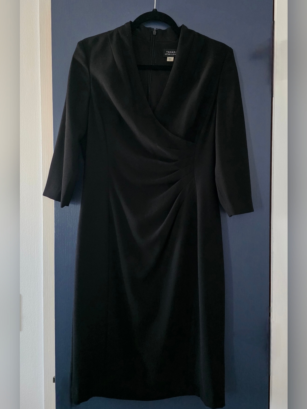Tahari ASL Black Draped V-Neck Midi Dress For Formal And Semi-formal Wear. EUC